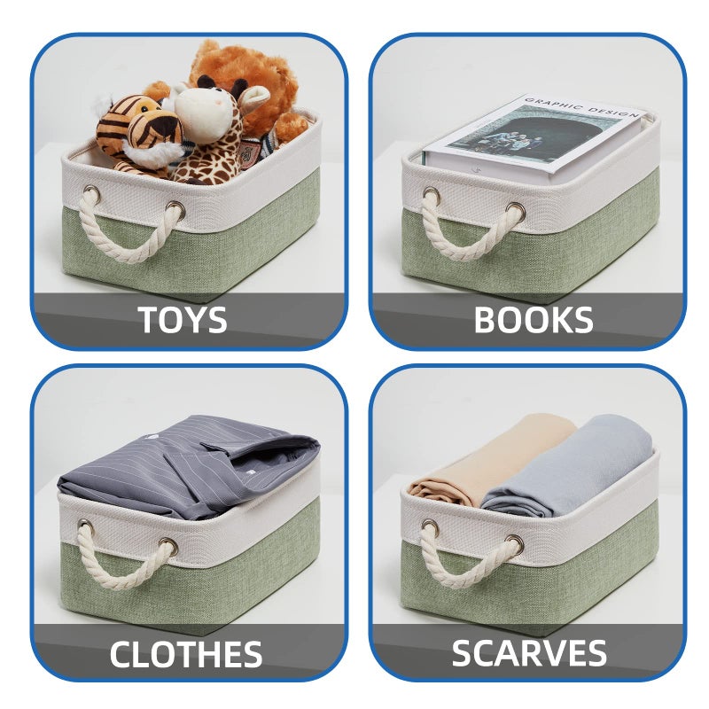 Temary Small Storage Baskets Small Fabric Bins for Closet  6 Pack Decorative Storage Boxes with Rope Handles for Organizing Clothes  Canvas Storage Basket(White&Green 11.8L x 7.9W x 5.3H inches) - Image 4